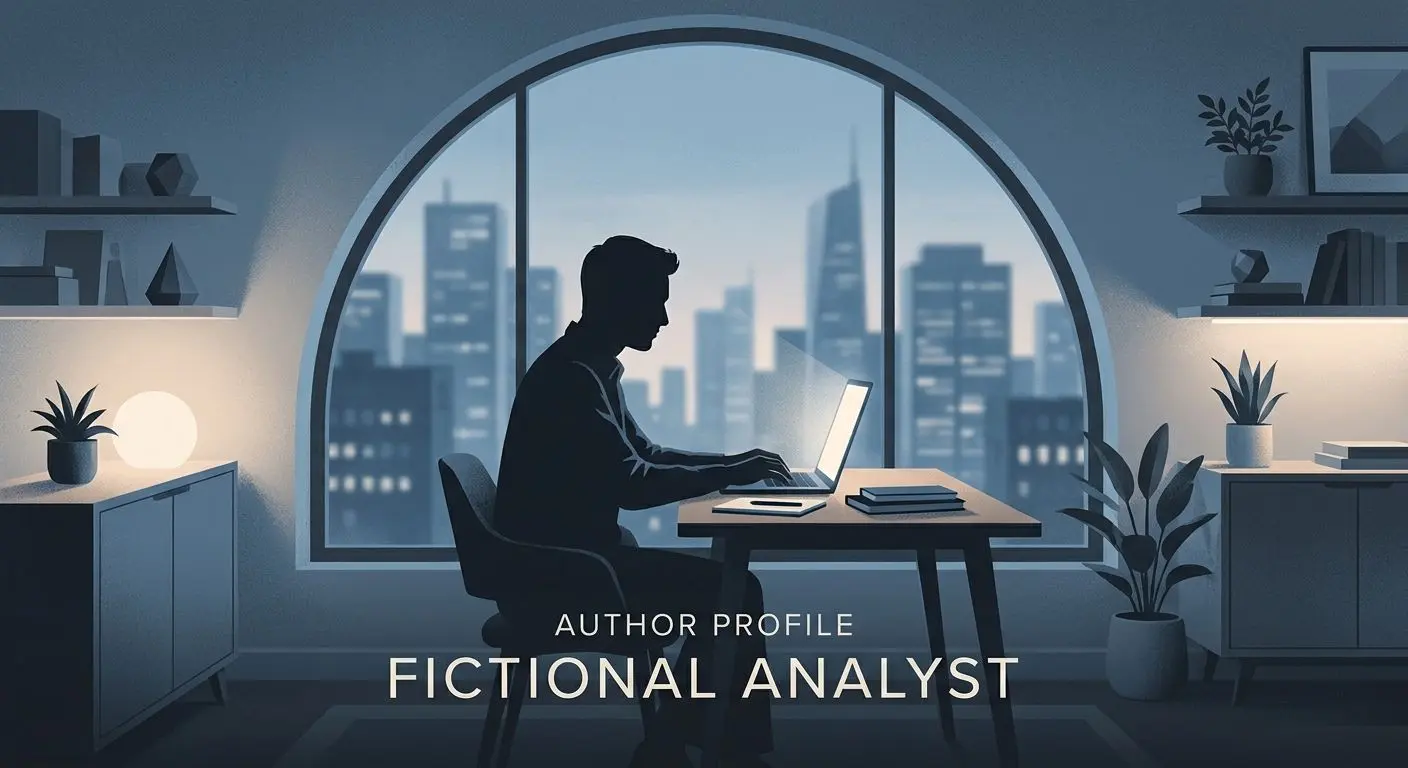 Author profile visual Neutral author profile illustration with fictional analyst silhouette
